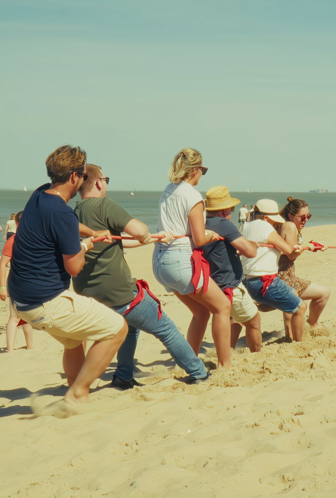 Collega's van BMW De Mey aan het touwtrekken op het strand